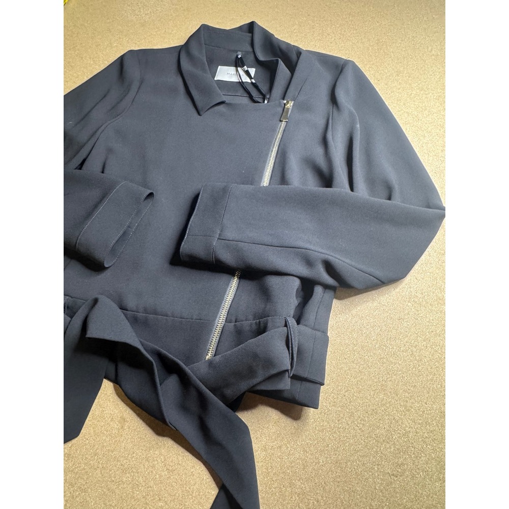 Marella Black Belted Moto Jacket Asymmetrical Zip Crepe Blazer Womens Size 10